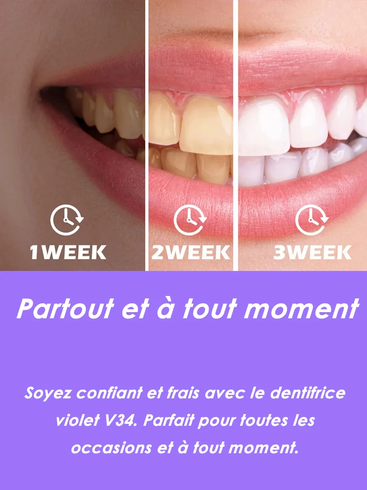 Dentifrice violet blanchissant, élimine les taches, corrige la couleur des dents pour les fumeurs, les consommateurs de café et de thé, pour une haleine fraîche et un soin de l'émail._voghion.com