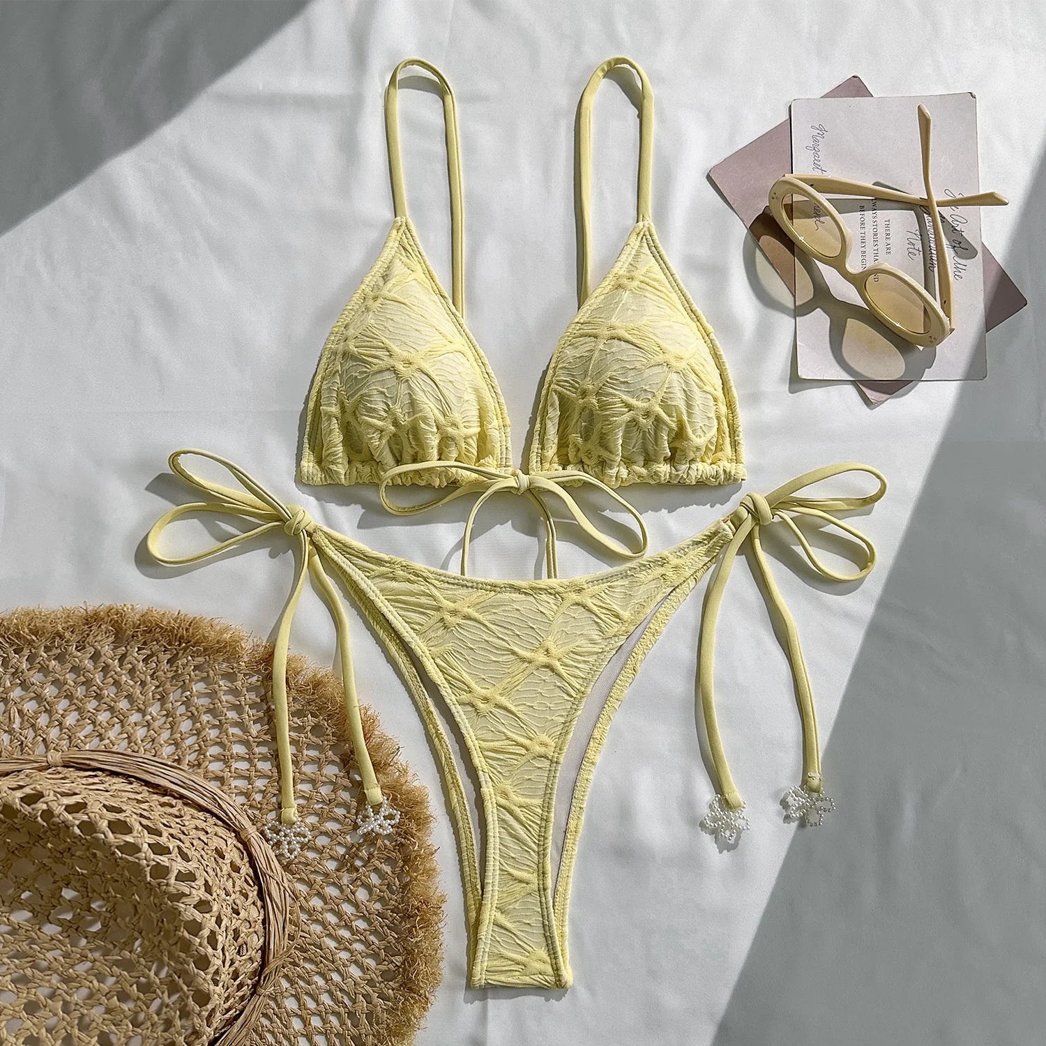 Women's Bikini Sets Ribbed Two Piece Swimsuits Underwire Adjustable Back  Bathing Suit Side Tie Triangle Thong Swimwear