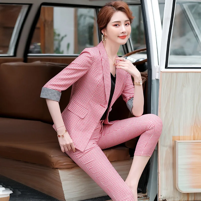 

Fashion Suit Women's Pink Plaid Retro Hong Kong Style Suit Western Style Internet Celebrity Fried Street Suit Temperament Twinse