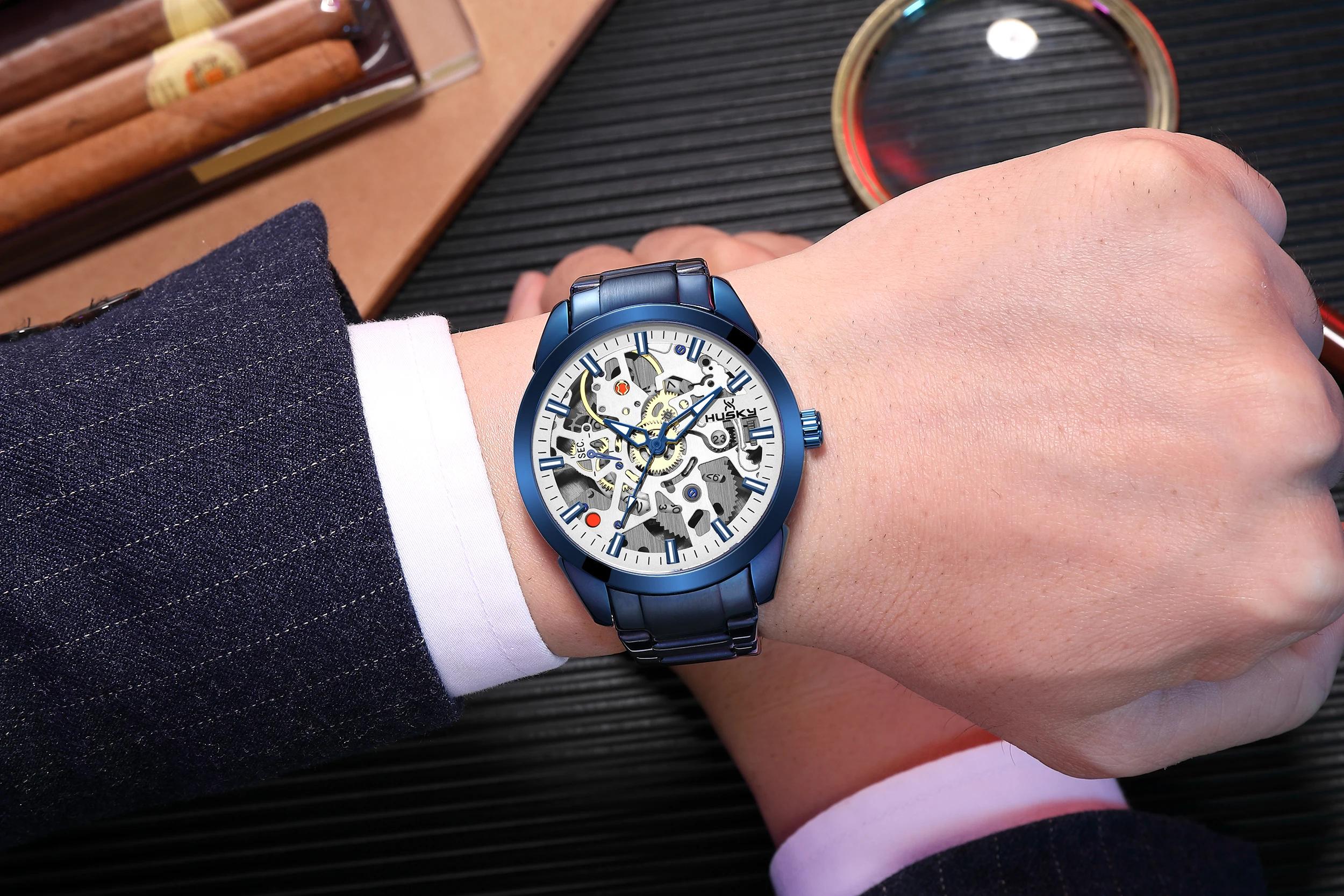Blue Ocean Fashion Casual Designer Stainless Steel Skeleton Quartz Watch Men Mens Watches Top Brand Luxury Quartz Clock Gift