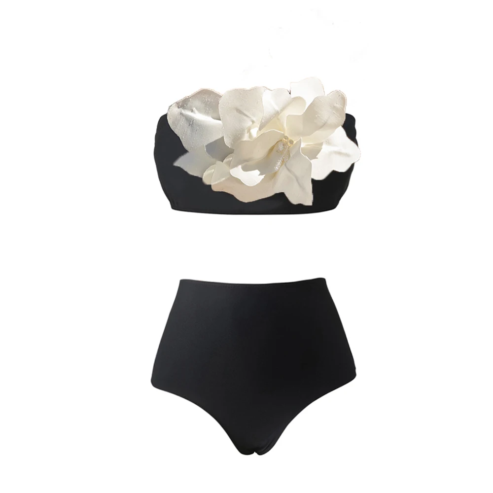 3D White Flower Strapless Bikini Two Pieces Women Summer Slim Black Swimming Skirt Cover-up Elegant Holiday Party Swimwear Top