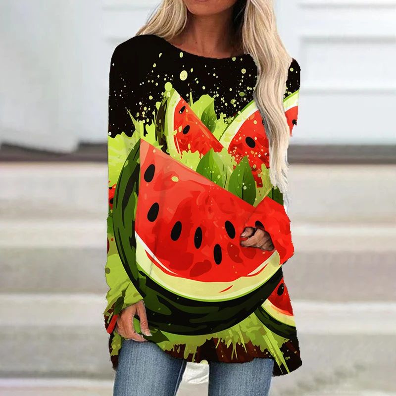 

2023 new ladies long -sleeved dress watermelon 3D printed lady long -sleeved dress fashion casual lady long -sleeved dress