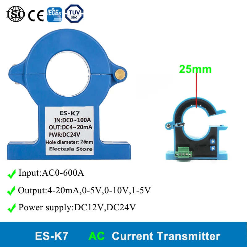ESK7 Hall Current Sensor 25mm Hole AC 0600A Open Loop Hall Effect