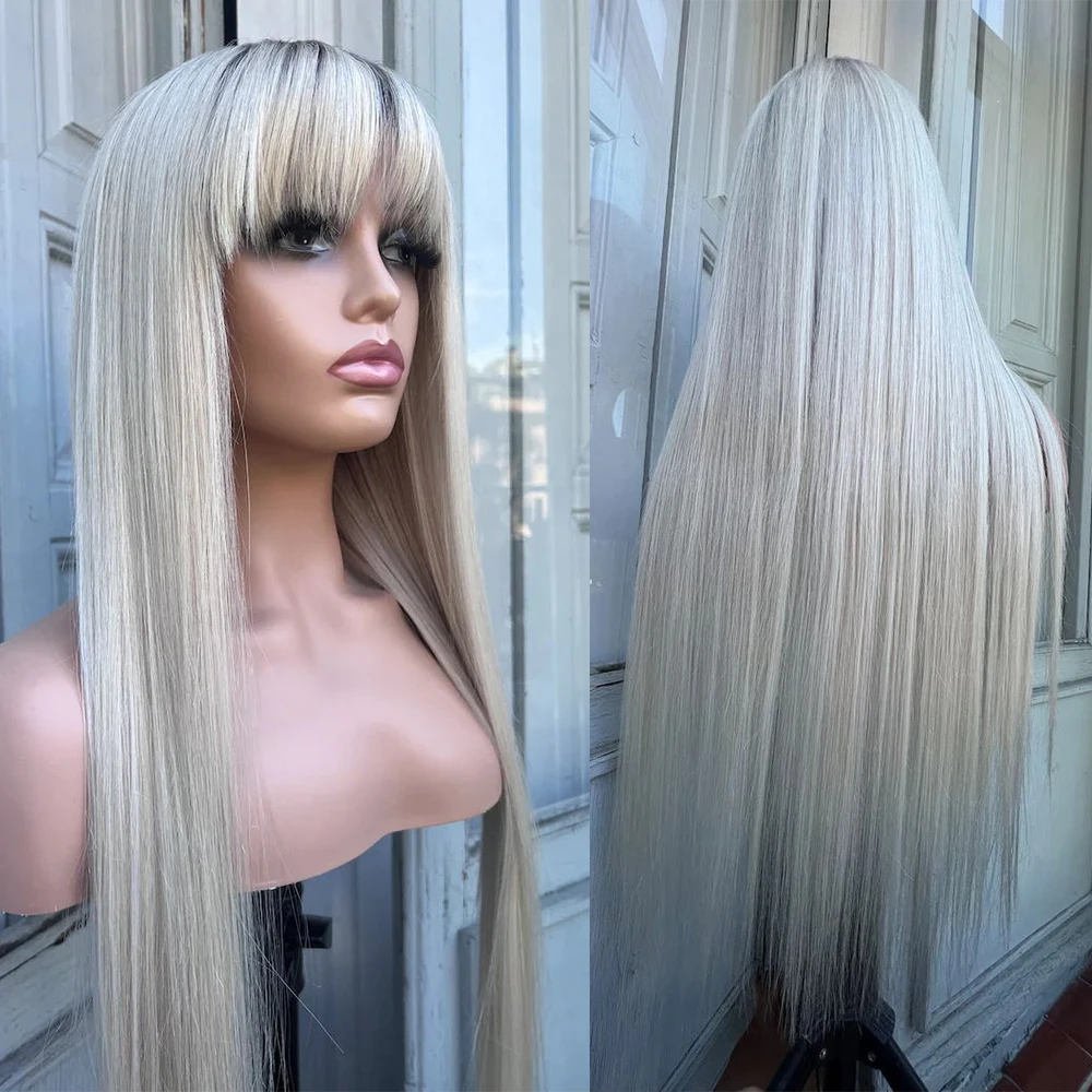 Rooted Platinum Blonde Wig with Bangs Lace Front Human Hair Wig Promotion Sale Lace Wigs HD Front Straight Fringe