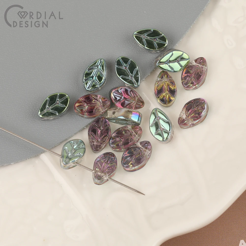 Cordial Design 7*11MM 500pcs DIY Glass Bead/Carving Effect/Leaf Shape/Aurora Effect/Jewelry Findings & Components/Hand Made - cordial