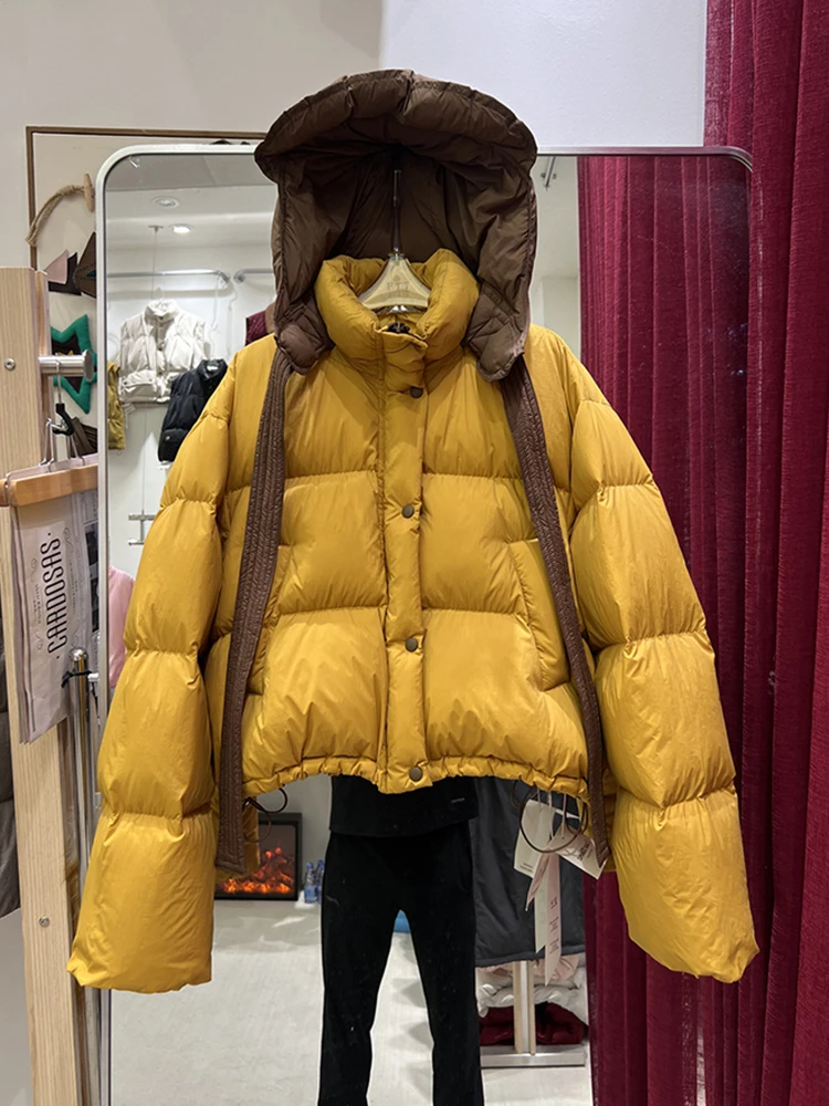 Winter Hooded Detachable Knit Hat Down Jacket Female Zipper Puff Quilted Jackets Women White Duck Down Patchwork Parker Outwears