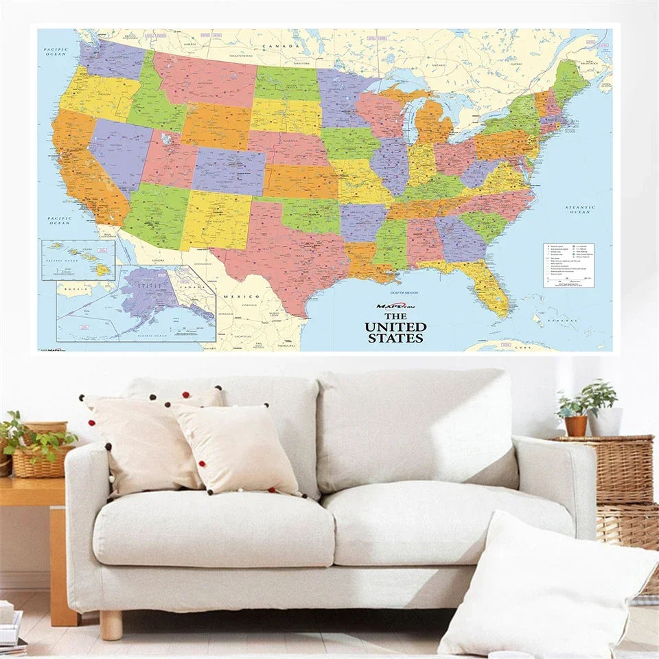 225*150 Cm The United State Map Non-woven Canvas Printing Detailed Map Large Poster Education Supplies Home Decoration world map poster