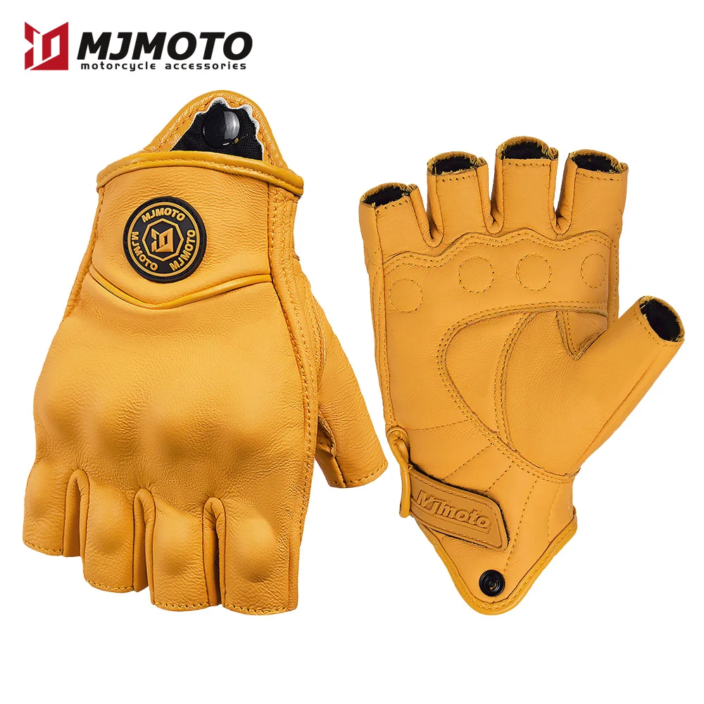 Vintage-Style Yellow Leather Fingerless Motorcycle Gloves
