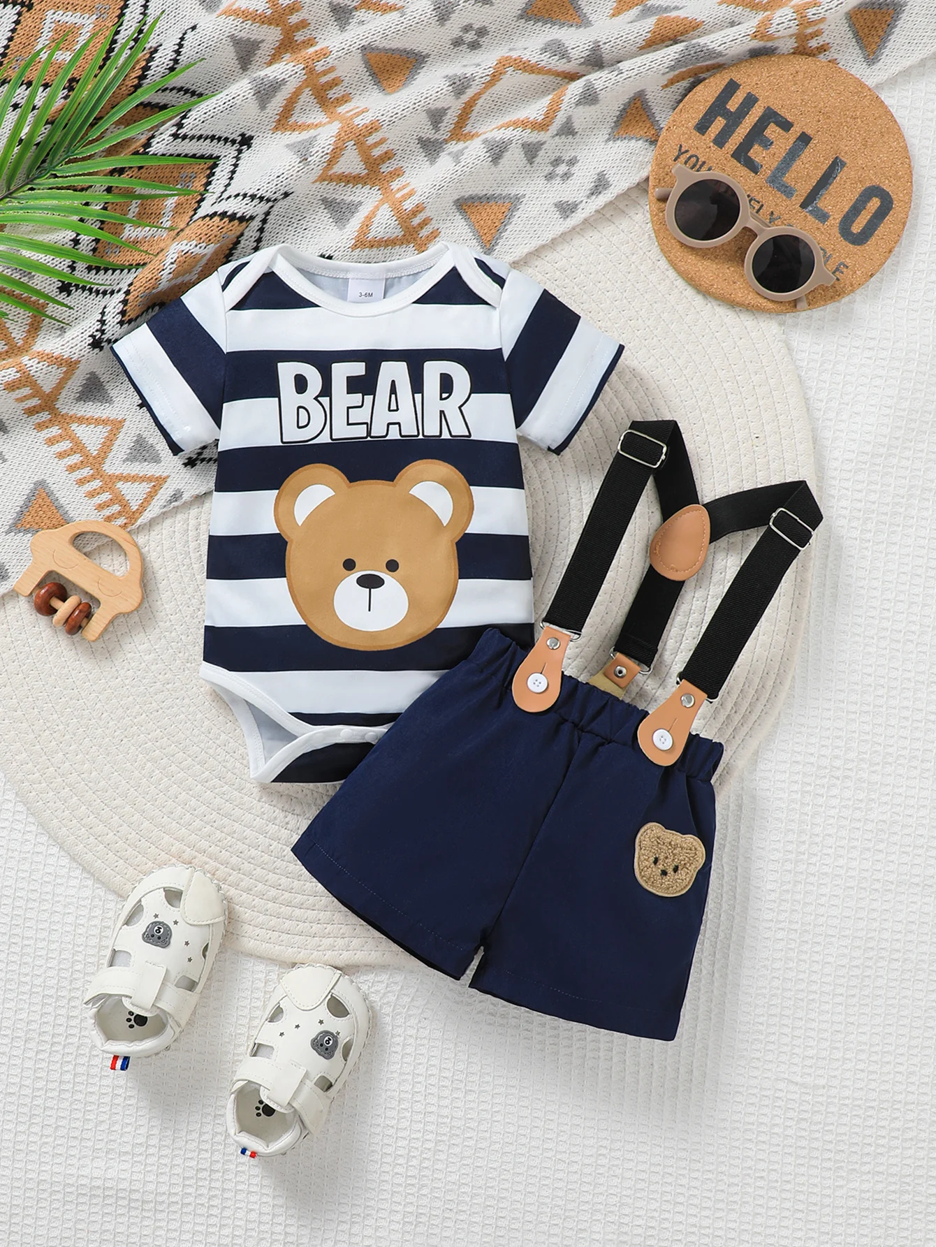 Baby Boy Spring Summer Outfit Set Cute Cartoon Letter Bear Print Striped Short Sleeve Onesie with Bear Decorated Overalls Shorts 1