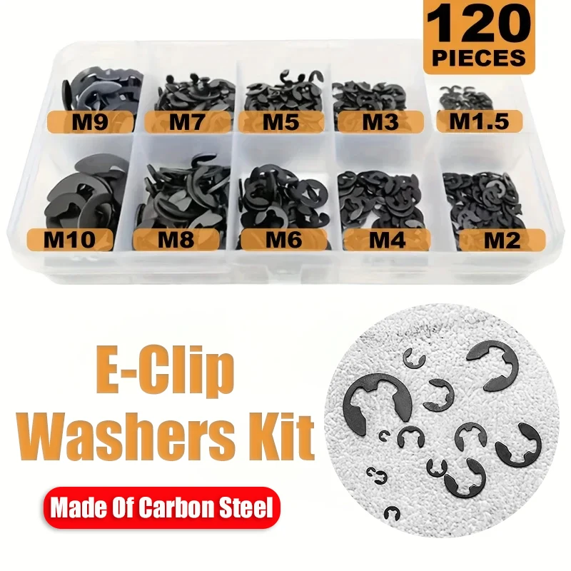 서클립 고정 링 색 리테이너 버클 모양 분할 와셔 키트, E-클립 와셔, M1.5-M10, 박스당 120 개 