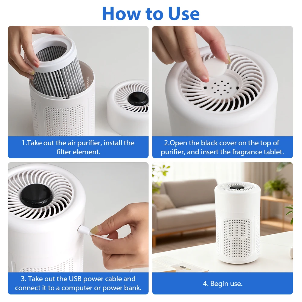 Mini Desktop Air Purifier HEPA Filter Negative Ion Technology Quiet Portable Air