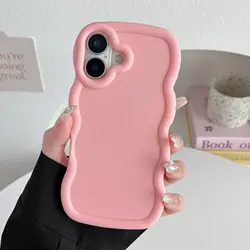 New Wave Pattern Macaron Phone Case with Cartoon Sticker Doll and DIY Simple Color Design for iPhone 16 Plus (Light pink)