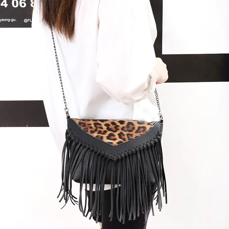 

2023 European and American new trend splicing leopard print binding tassel bag chain single-shoulder diagonal female bag