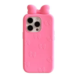 Korean 3D Cute Pink Bowknot Soft Silicone Shockproof Phone Case - iPhone 12 Pro Max (HotPink)