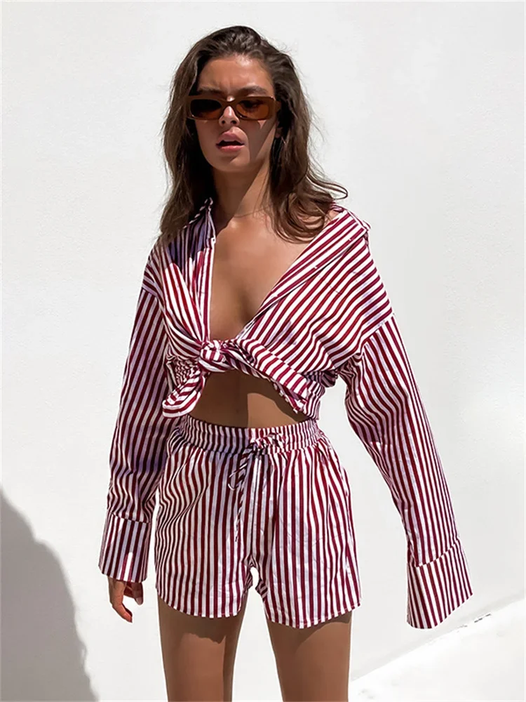 Wmstar Women Two Piece Set Summer Fashion Commuter Casual Striped Long Sleeve Side Split Shirt Shorts Lady Outfits Tracksuit
