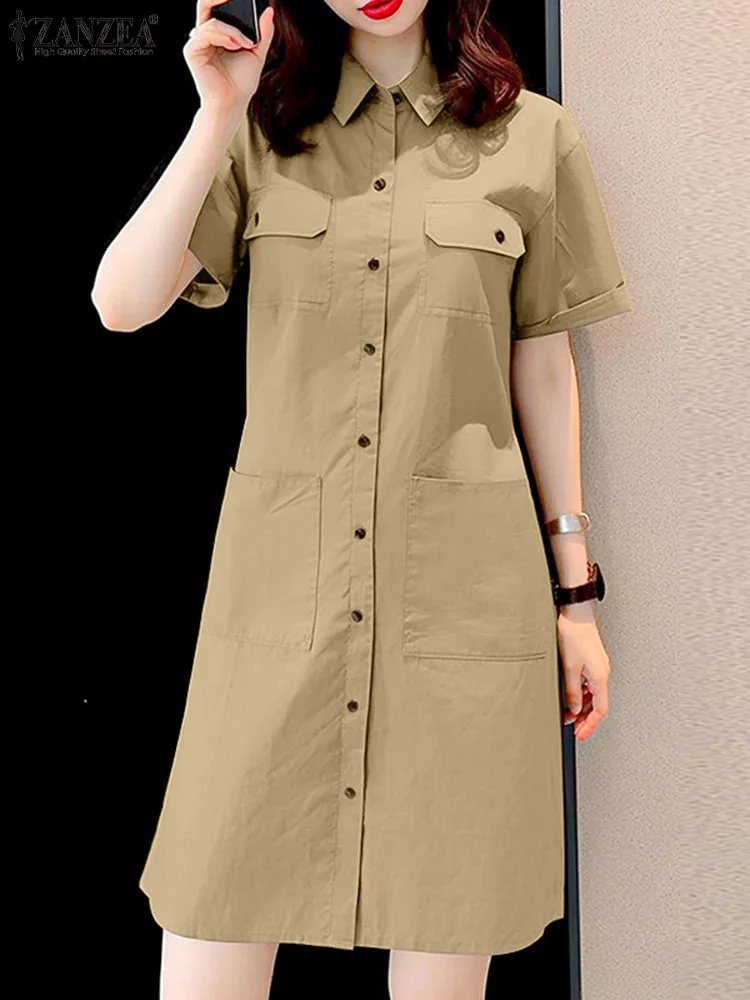 

Модное уличное платье-рубашка, женское платье с карманами и воротником с лацканами, офисное мини-платье ZANZEA 2024, летние платья на пуговицах с коротким рукавом