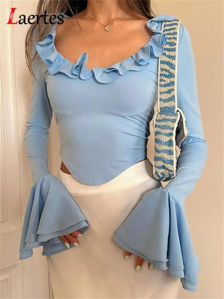 

Laertes Bandage Flare Long Sleeve Ruffles Crop Top 2023 Fall Slim Women Solid Chic Casual Crop Tops Y2K Blue