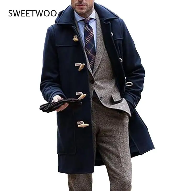 

Horn Button Jacket Coats Men British Gentlemen Long Trench Coat Casual Slim Fit Mens Warm Overcoat Hommes Veste Chaqueta Hombre