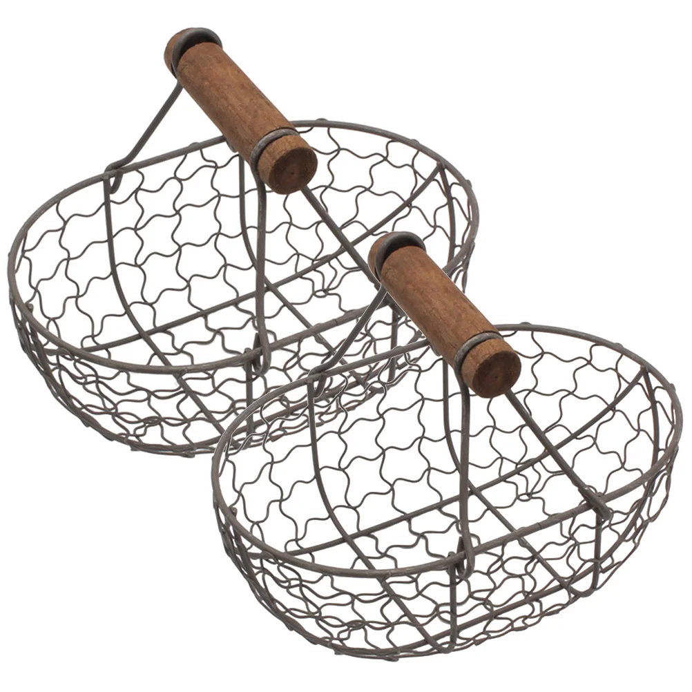 

Metal Wire Storage Basket Hollow Iron Fruit Basket Bread Storage Holder Egg Basket With Wooden Handle For Kitchen