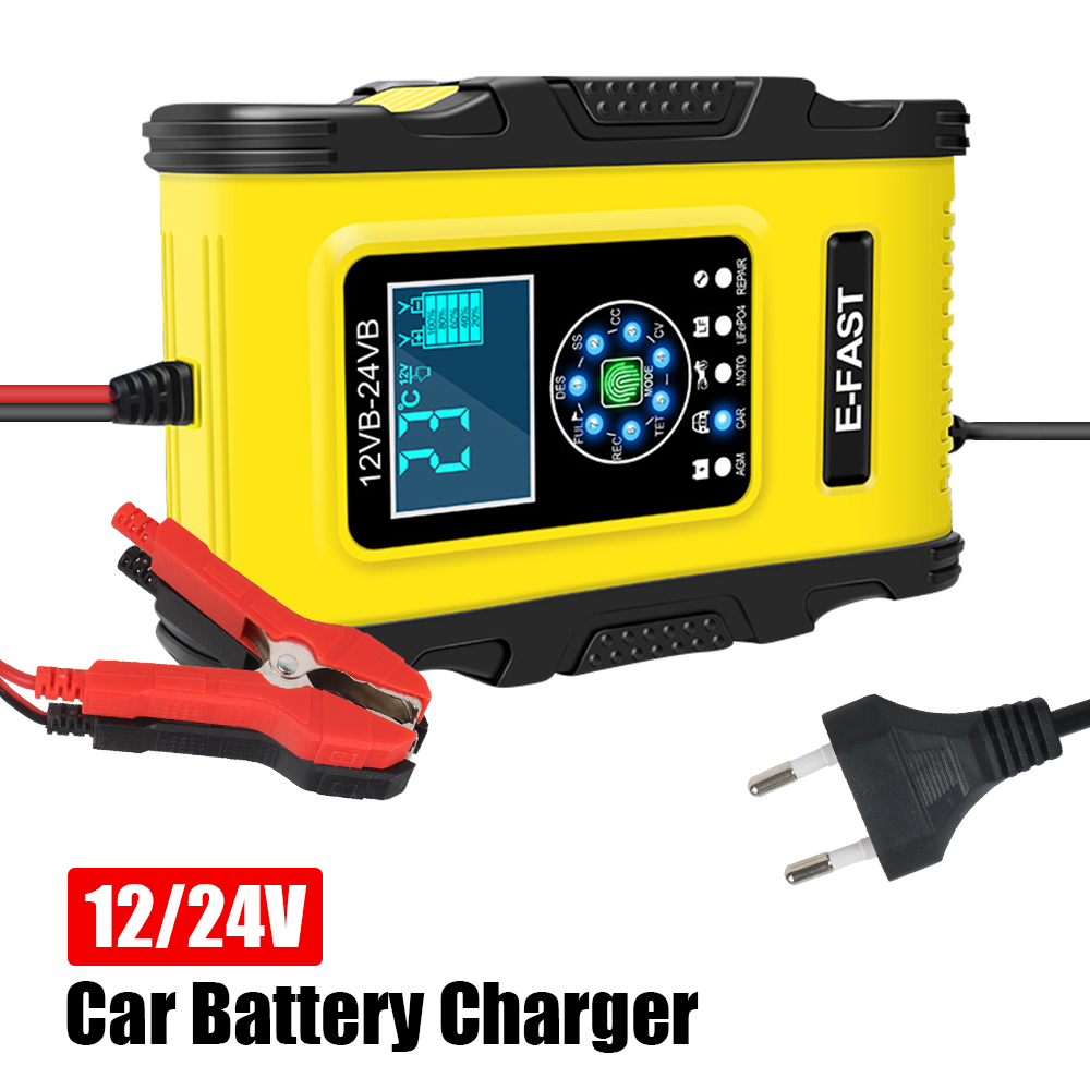 Smart Car Battery Charger For LiFePo4 Wet Dry Lead Acid AGM Gel Batteries 12V/10A 24V/6A Pulse Repair Digital Display