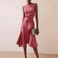 Women Sleeveless Solid Color Round Neck Midi Dress Elegant Slim Fit Formal Party Outfit Fashion 2025 New Arrival - Image 5