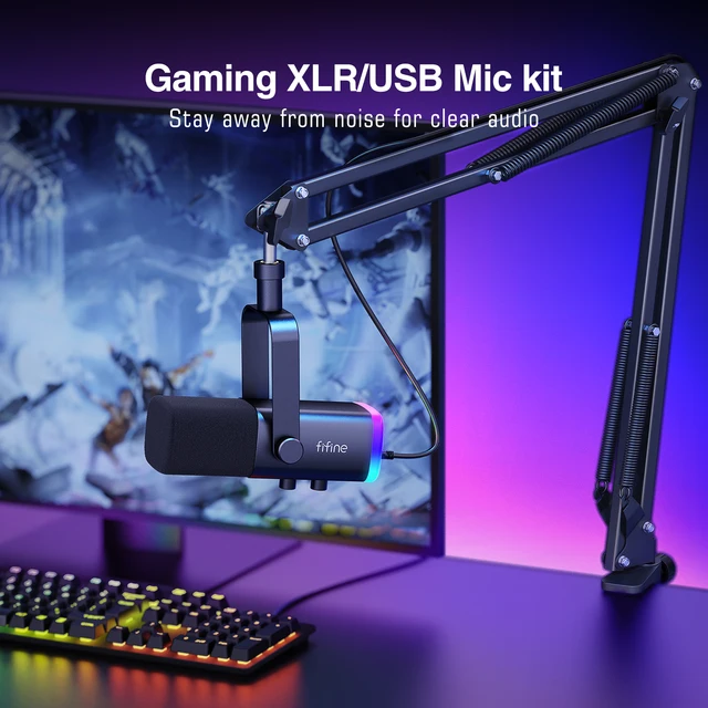 FIFINE XLR/USB Gaming Microphone Kit with Headphone Jack/Mute/RGB /Arm Stand,Dynamic Mic Set for PC PS5/4 Mixer AmpliGame AM8T 2