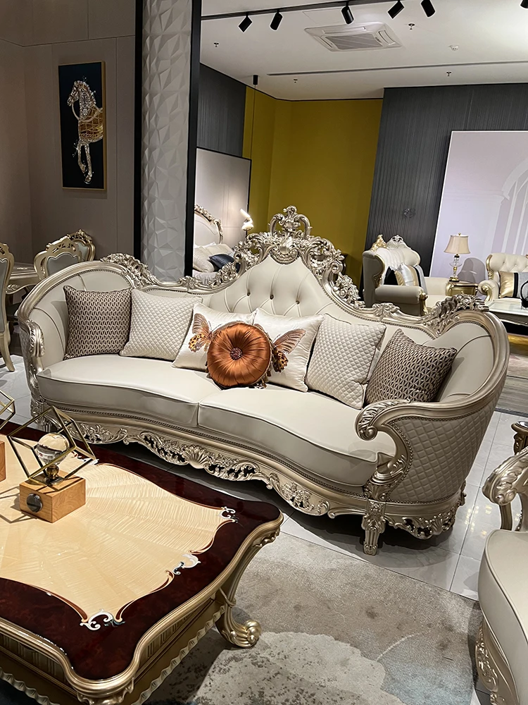 French solid wood leather sofa 123 combination European villa living room large-sized high-end palace gold foil technology