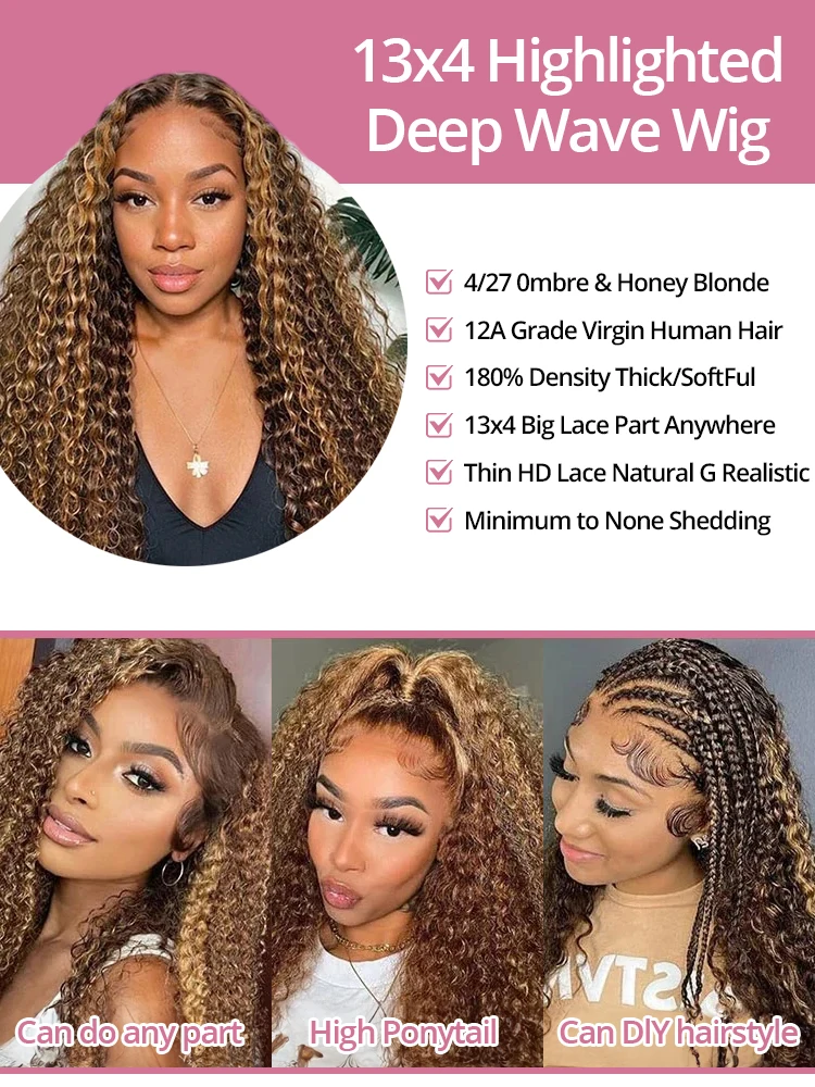 40 Inch 4/27 Ombre Deep Wave Curly Highlight Wig Human Hair Brazilian 7x5 13x4 Glueless Wigs Ready To Wear For Women 250 Density 5