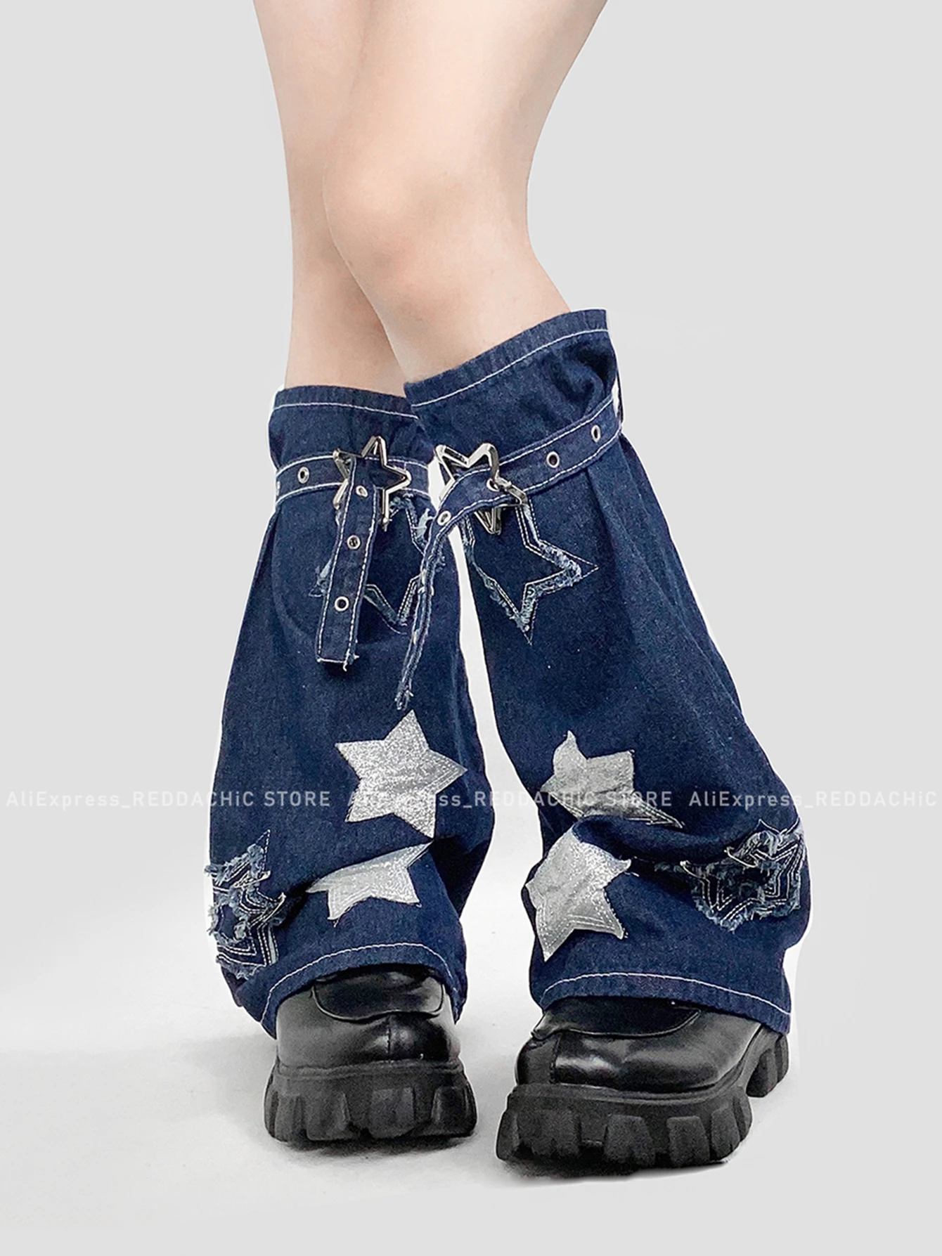 REDDACHiC Vintage Blue Glitter Star Women's Gaiter Denim Leg Warmers Bandage Belt Knee-long Boots Cover Grunge Y2k Streetwear