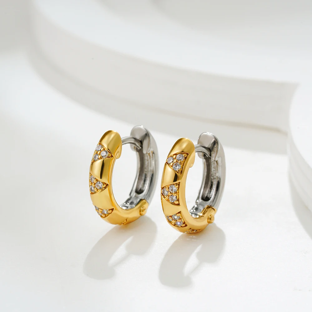 Unique Personality Mix Color Zircon Hoop Earrings for Women Girls Chunky PVD Gold&silver Colorblocked Heart Huggie Ear Jewelry