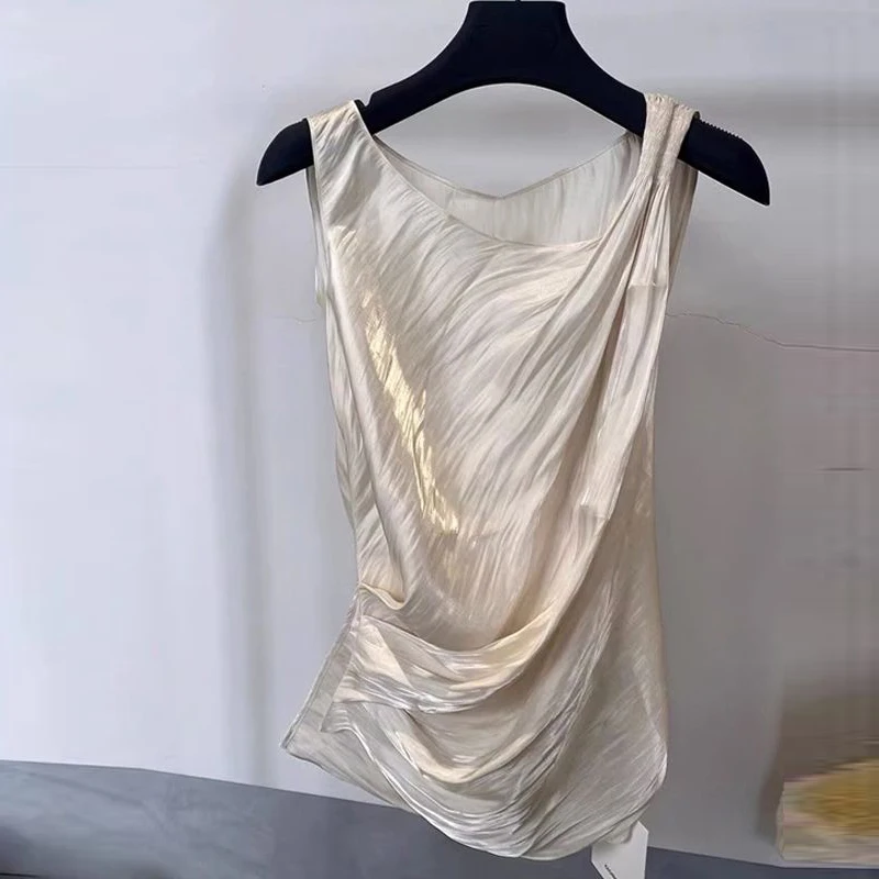 

2024 Summer Women Fashion Luxury Ruched Irregular Sleeveless Vintage Tank Tops Office Lady Elegant Solid Slim Vest Ropa De Mujer