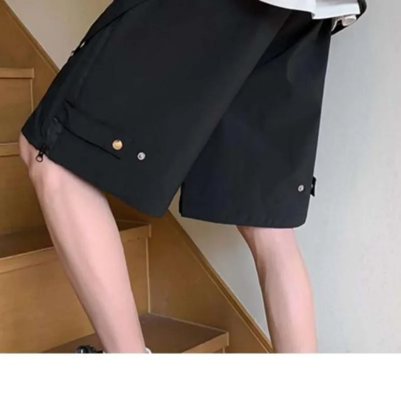 Summer Men's 2024 New Spliced Elasticized Pocket Zipper Shirring Fashion Solid Color Comfortable Loose All-match Casual Shorts