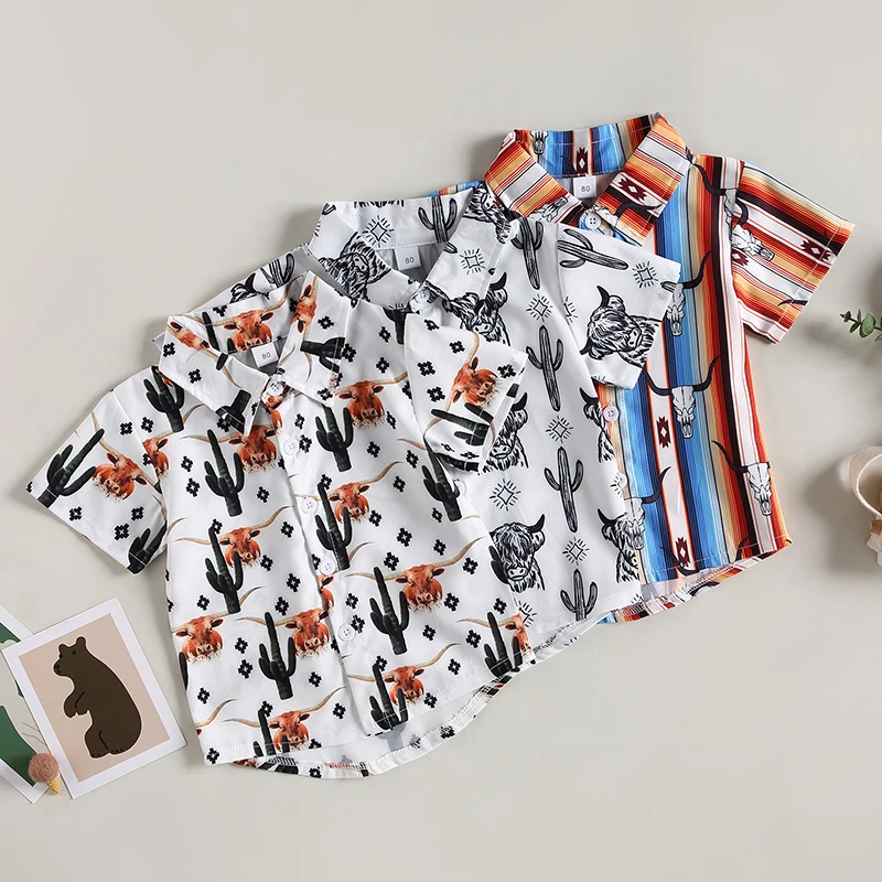 Fashion Summer Baby Boys Shirts Cattle Cactus Graphic Print Short Sleeve Button Shirts For Kids Blouse Tops Children Clothing