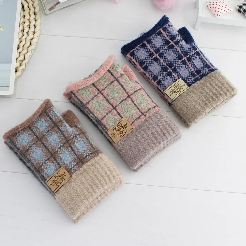 

1 Pair of Women's Half Finger Gloves,fingerless Gloves Fashionable Plaid Striped Wool Knitted Winter Student Hand Gloves