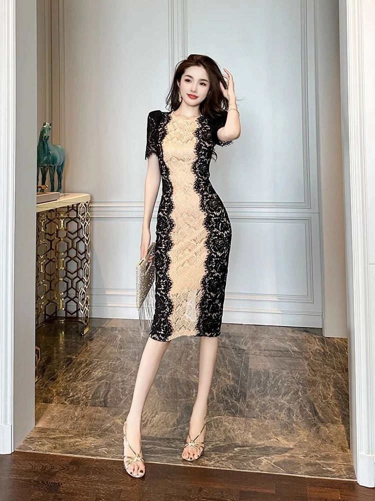 

Summer High end Elegance Dress 2024 Women's Lace Waist Slimming and Elegant Sister Sexy Wrapped Hip Skirt