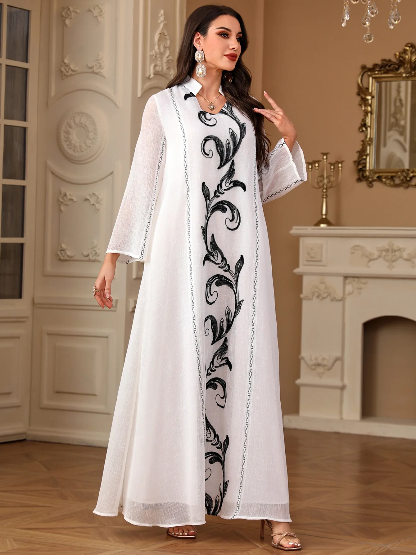 Eid Printed Sequins Muslim Women Caftan Kaftan Dress Jalabiya #25S151