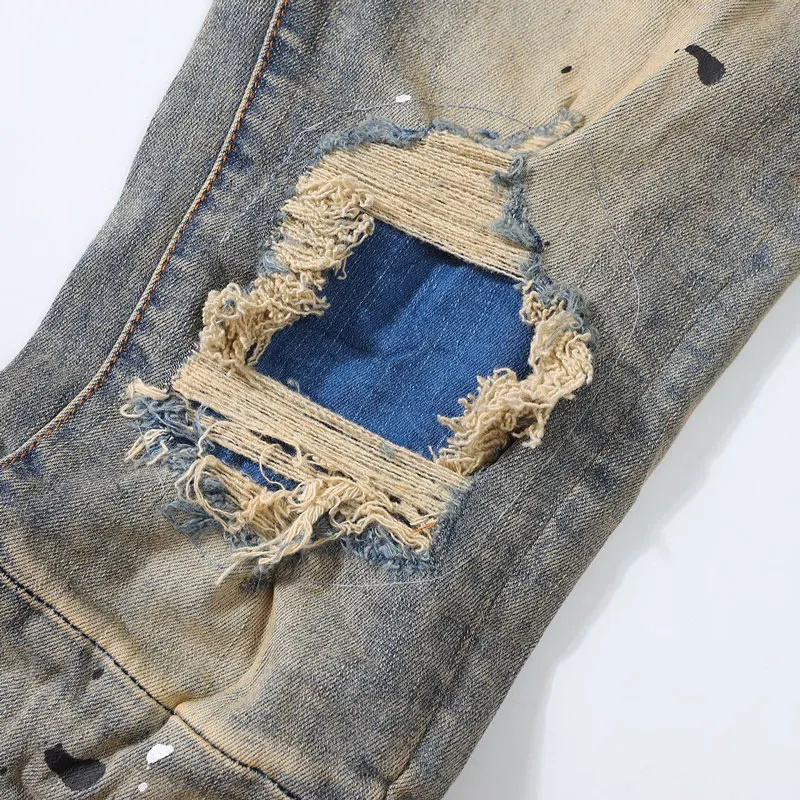 High Street Fashion Men Jeans Retro Washed Blue Stretch Skinny Fit Ripped Jeans Men Patched Designer Hip Hop Brand Pants Hombre