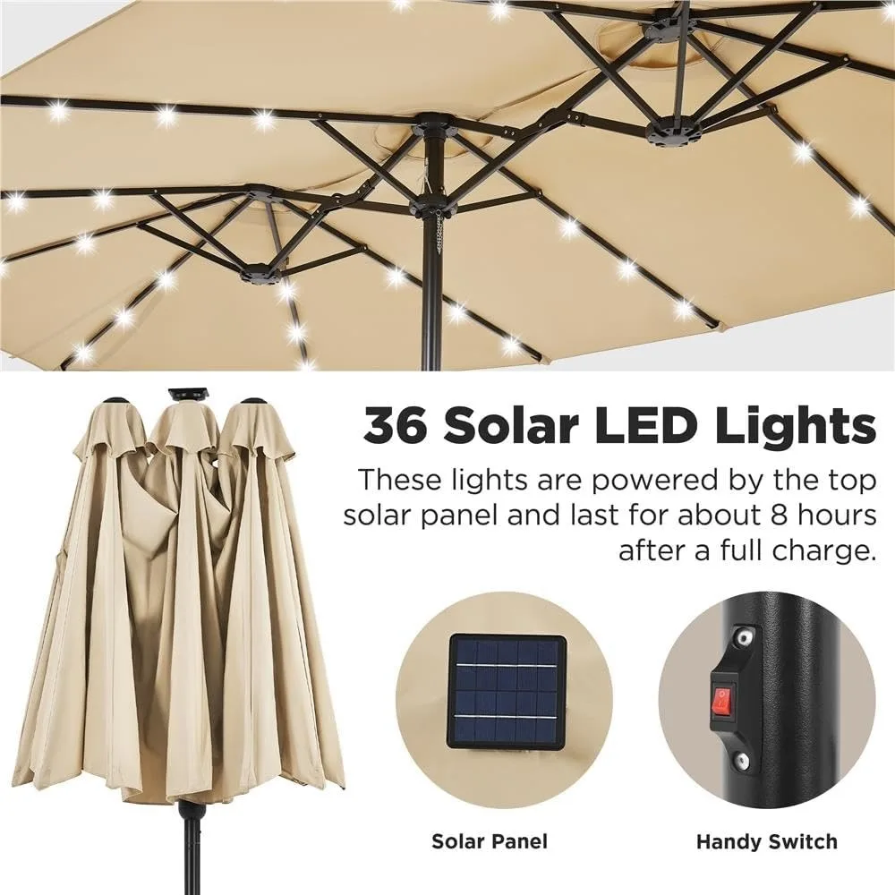 15 ft Large Patio Umbrella with Solar Lights Double-Sided Outdoor Rectangle Market Umbrellas with 36 LED Lights/Base 4