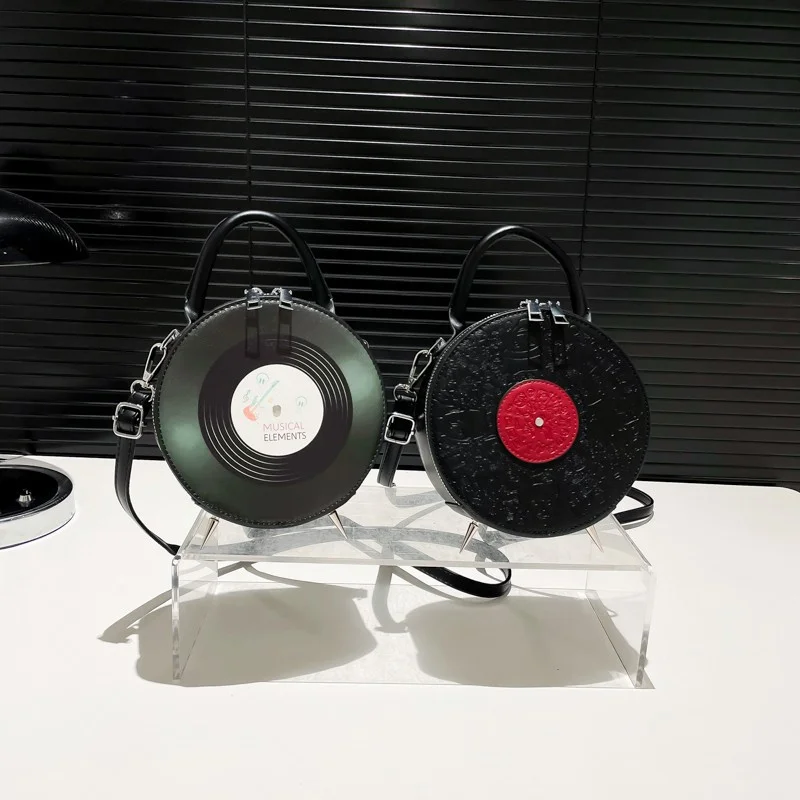 Personalized Creative Small Round Bag New Fashion Women's Niche Retro Record Shape Handbag Ladies PU Crossbody Bag