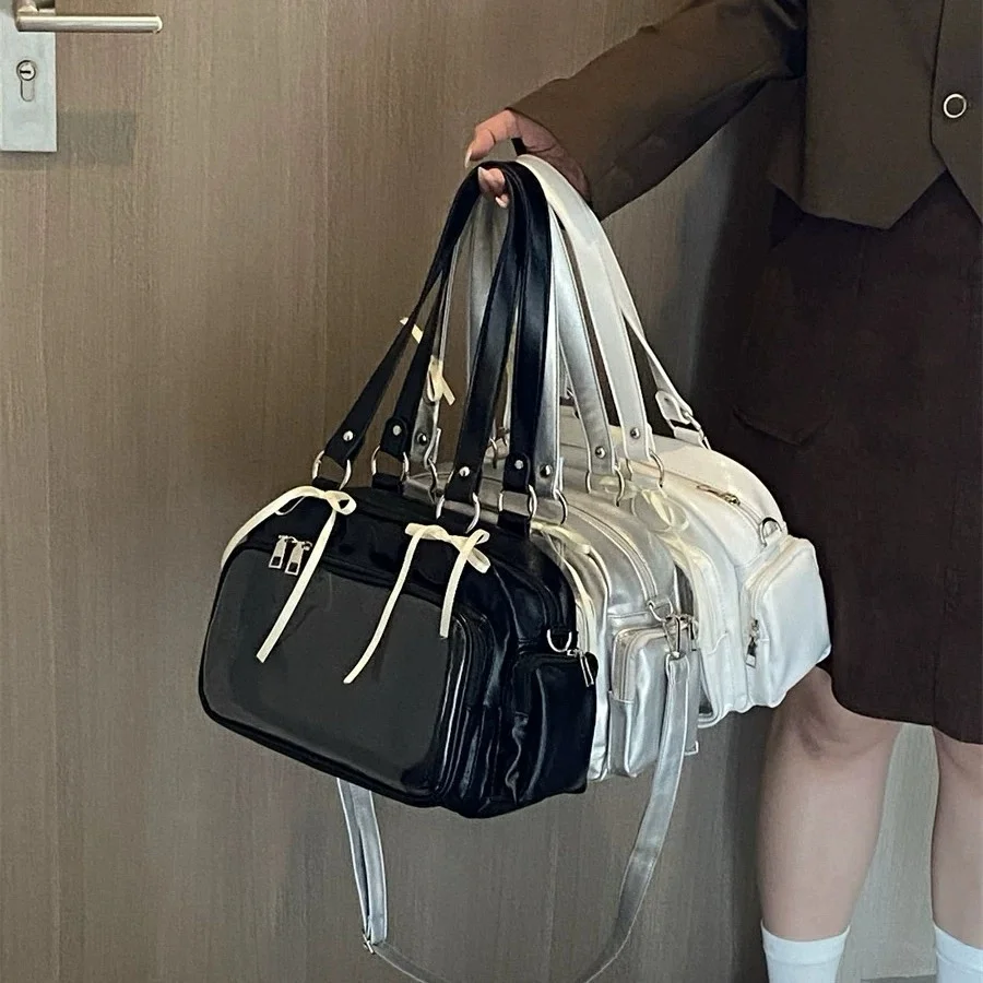 귀여운 리본 장식 이타 숄더백, 투명창 핸드백, 멀티 포켓 데일리 토트백, 탈부착 가능한 크로스바디 스트랩, 캐주얼 데일리 캐리백