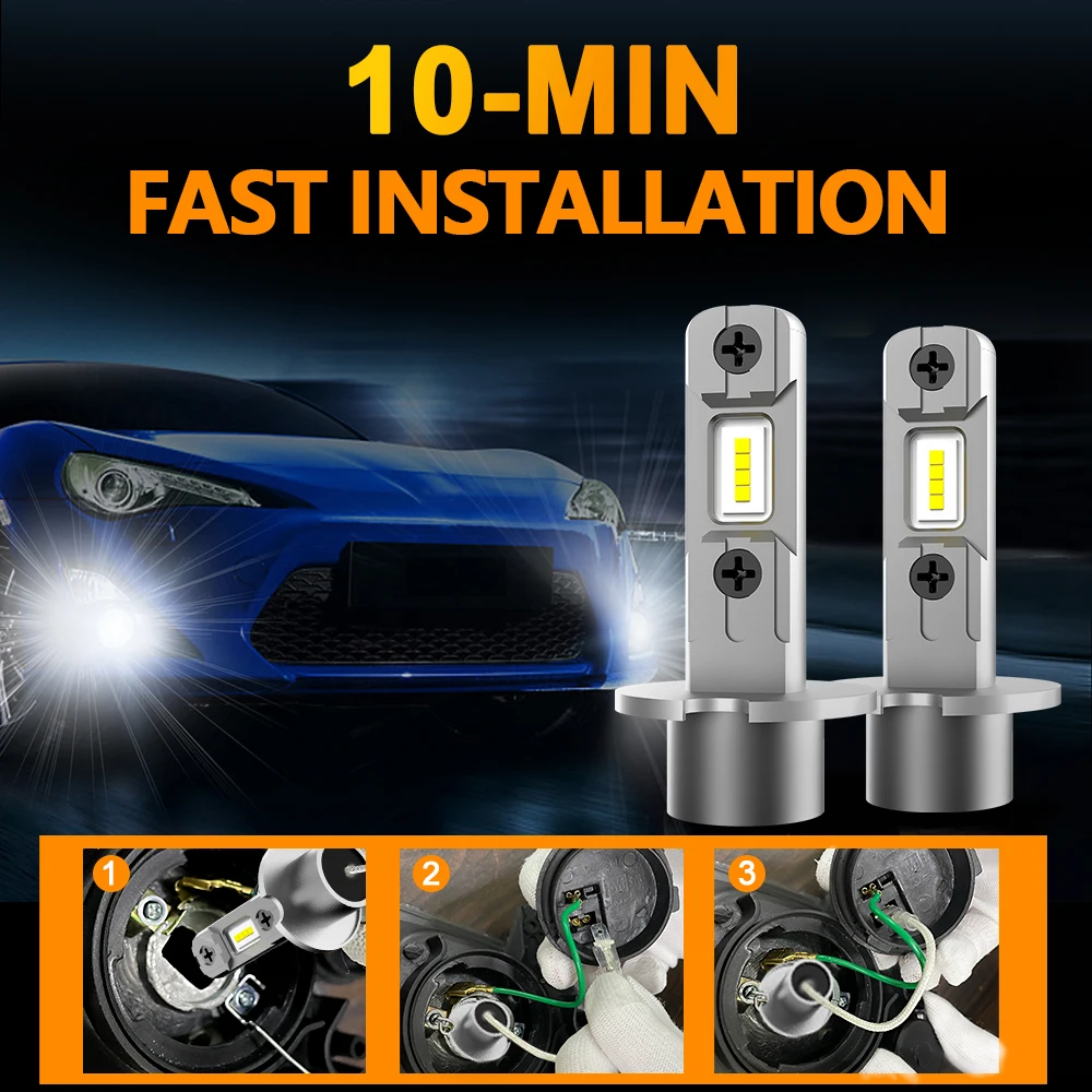 MZGN 2Pcs H3 LED Headlight Bulb Canbus No Fan High Beam 6000K White Yellow Car LED Fog Light Driving Lamp DRL 12V Mini Design