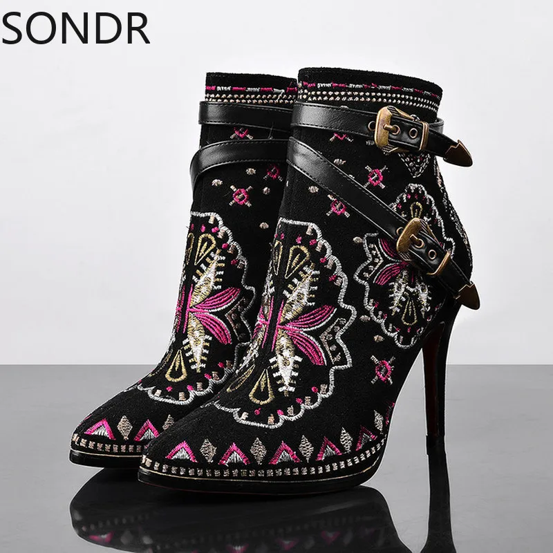 

Womens Pointed Toe Genuine Leather Ankle Boots Stilettos High Heel Embroidery Retro Floral Casual Belt Buckle Shoes New 2023