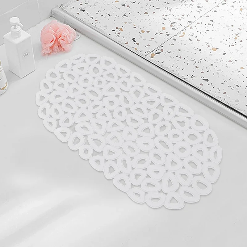 Blue oval bathroom mat with suction cups and quick-drain ellipse holes for non-slip shower safety.