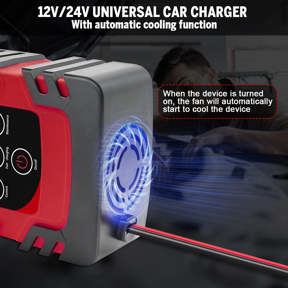 JFIND New Fully Automatic Battery Charger 12V 24V Smart Battery Pulse Repair Tools Lead Acid Battery Charger LCD Digital Display 2