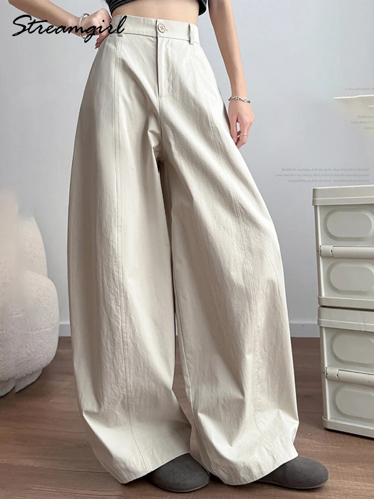 Cotton Wide Leg Pants Woman Office Wear Autumn High Waisted Trousers Casual Loose White Pants For Tall Women Banana Pant Black 1
