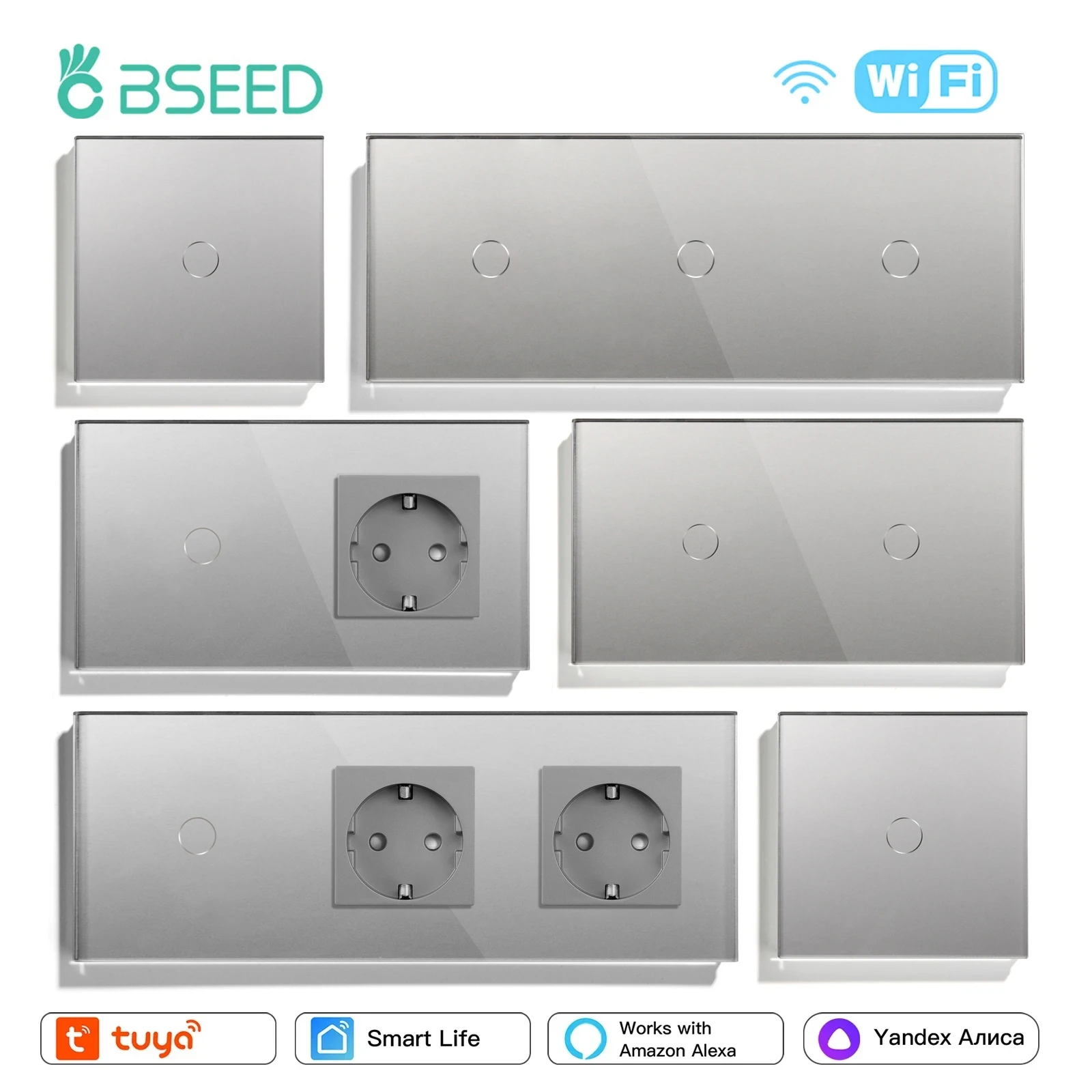 BSEED Wifi สมาร์ทสวิทช์สัมผัส 1/2/3Way สําหรับบันได Plus ปกติ EU ซ็อกเก็ตผนัง Tuya Smart Life Alice App ควบคุมสีเทา Series 1