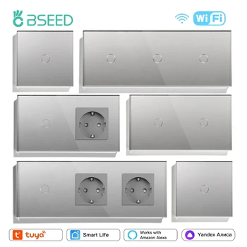 BSEED Wifi สมาร์ทสวิทช์สัมผัส 1/2/3Way สําหรับบันได Plus ปกติ EU ซ็อกเก็ตผนัง Tuya Smart Life Alice App ควบคุมสีเทา Series 1
