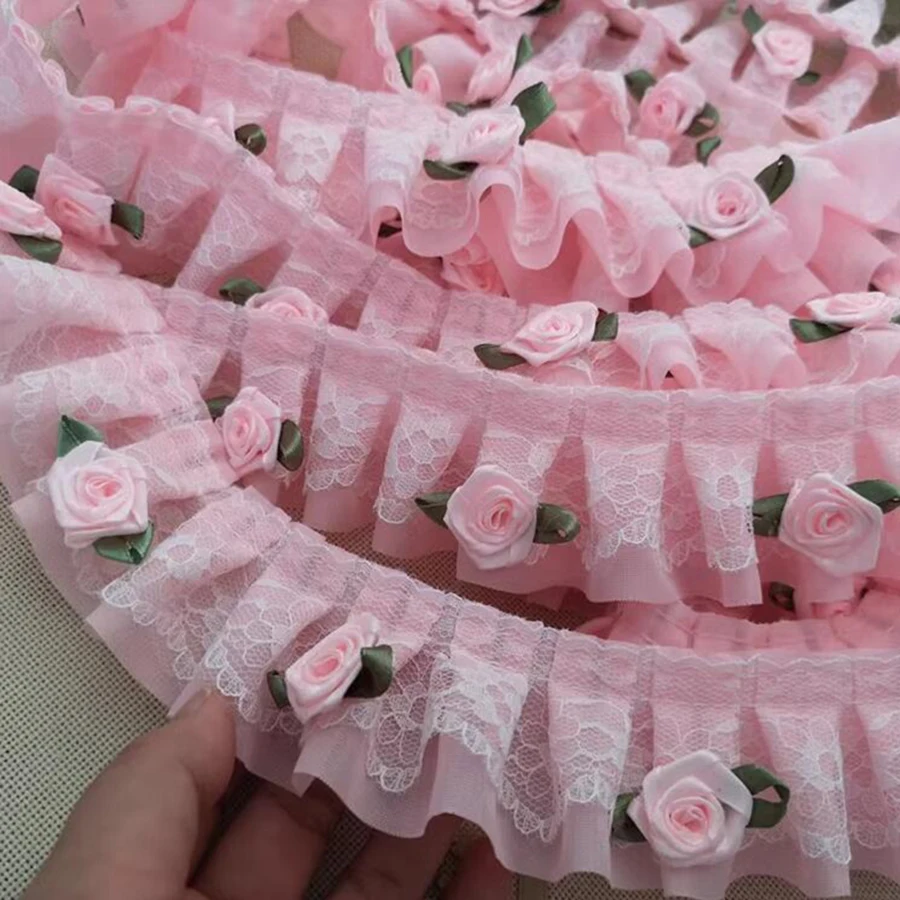 Pink Bow Embroidery Lace Trim - 1 Yard, 5CM Wide for DIY Clothing Decoration