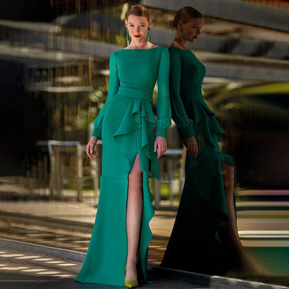 

Green Satin Wedding Party Dress Long Sleeves O-Neck Mermaid Evening Gowns High Slit Ruffle Backless Trumpet Formal Dresses