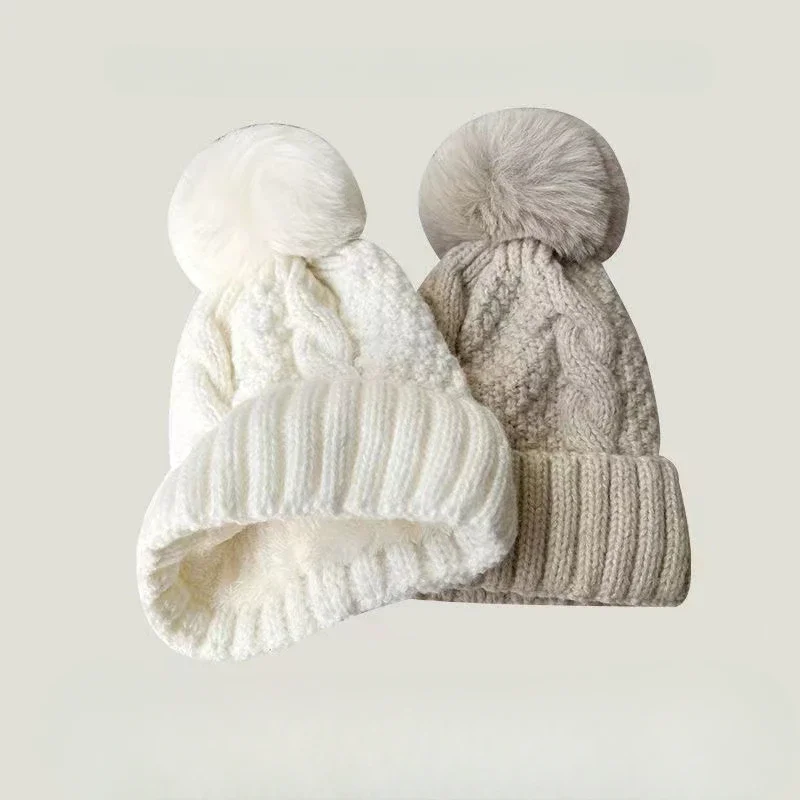 Winter Twist Knitting Hats Warm Fur Pompom Thick Plush Cap Beanies Solid Ladies Versatile Ski Snow Skullies Beanies Velvet Hat 2